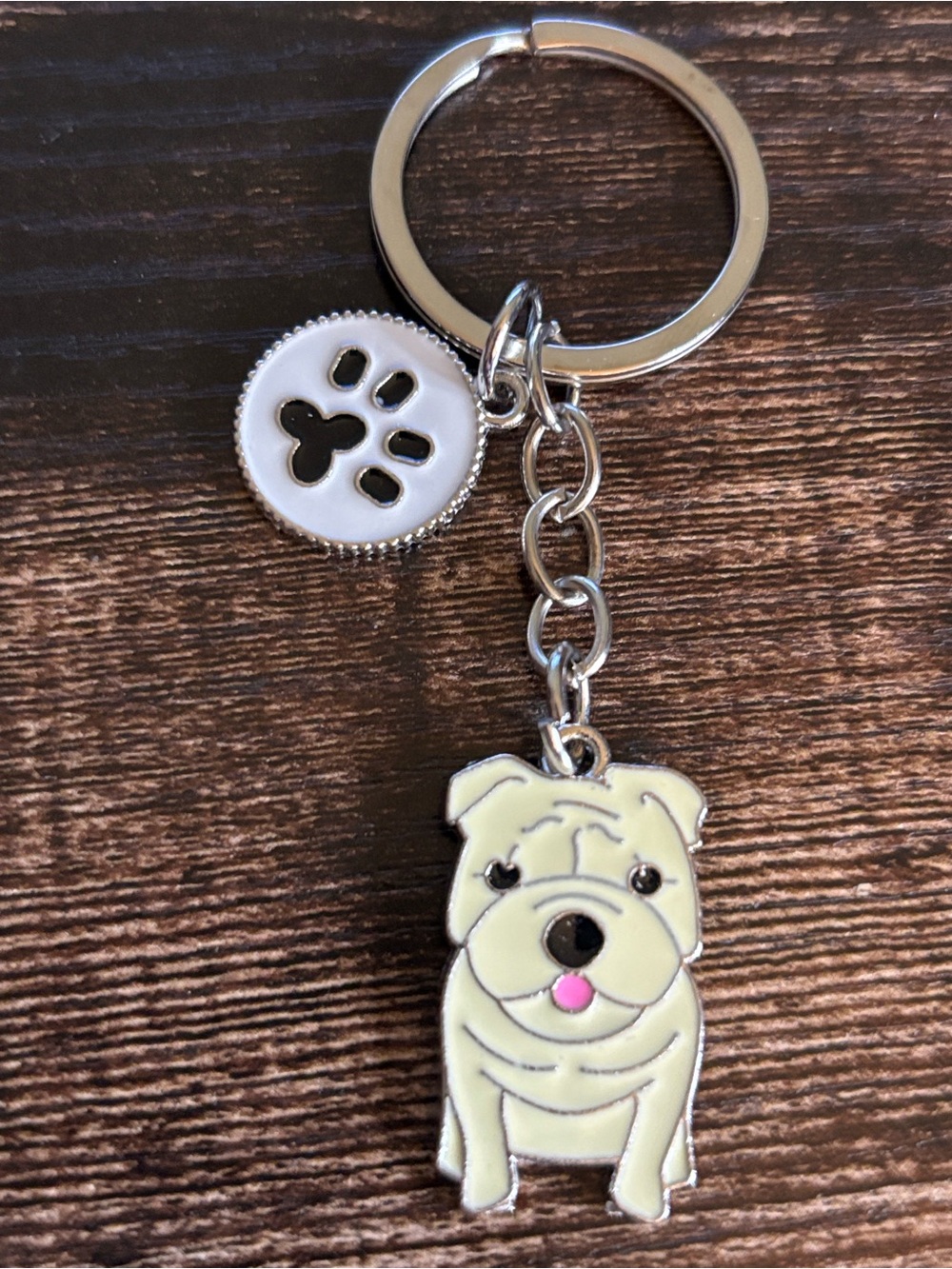 Cute Cream Bulldog Keychain with Paw Charm